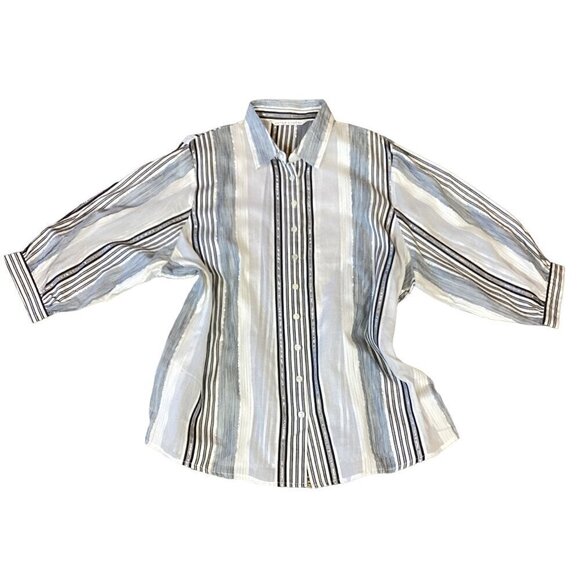 Peter Nygard Balloon Sleeve Button-Up Metallic Stripe Top M/L Gray Silver 295i - Picture 1 of 9